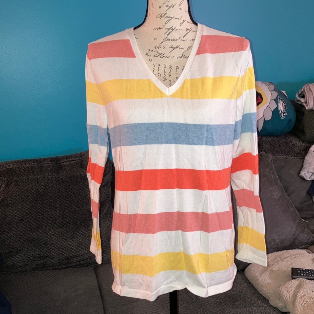 Tommy Hilfiger 100% Cotton Striped V-Neck Sweater, Large